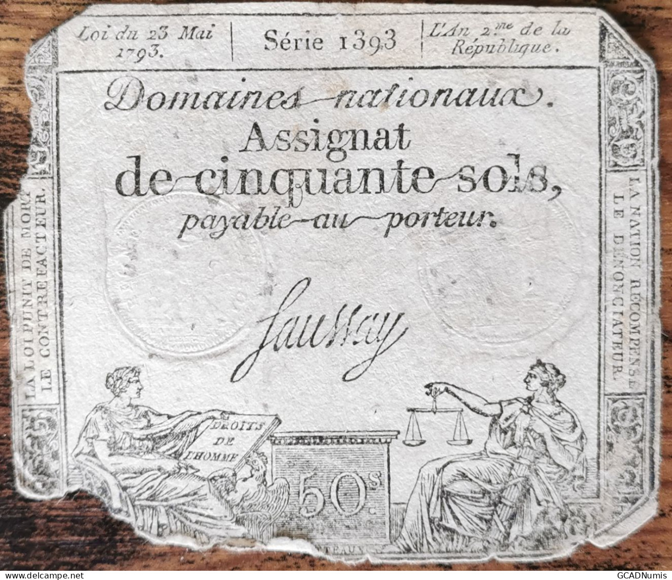 Assignat 50 Sols - 23 Mai 1793 - Série 1393 - Domaine Nationaux - Assegnati