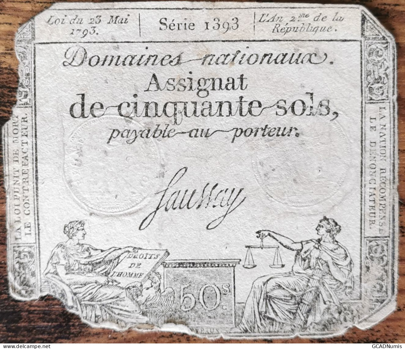 Assignat 50 Sols - 23 Mai 1793 - Série 1393 - Domaine Nationaux - Assignate