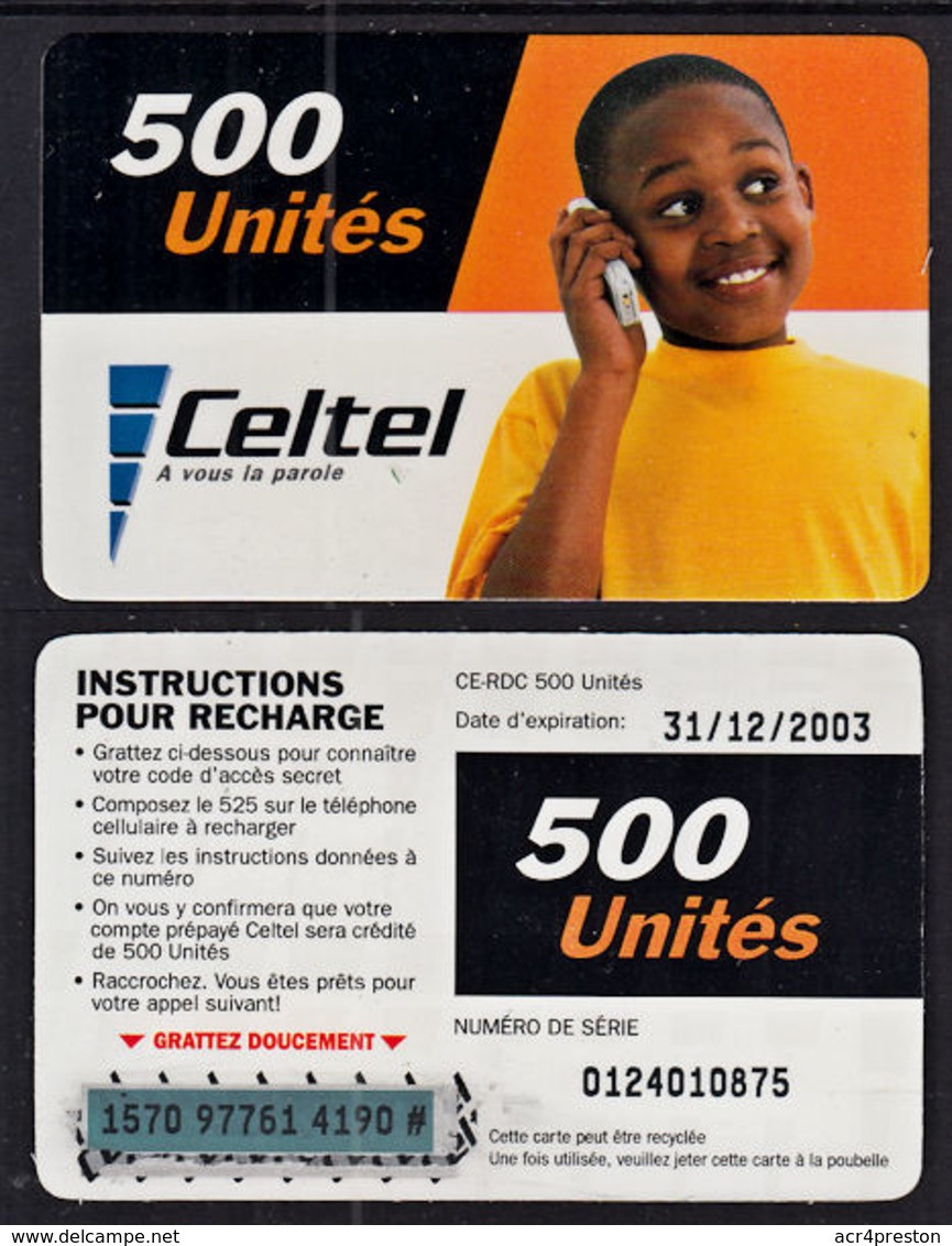 Tc037 DR CONGO, Celtel, Boy On Phone, 500 Unités, Used - Kongo