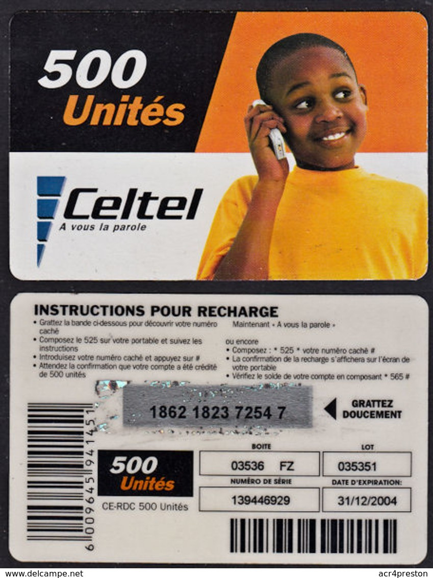 Tc038 DR CONGO, Celtel, Boy On Phone, 500 Unités, Used - Kongo