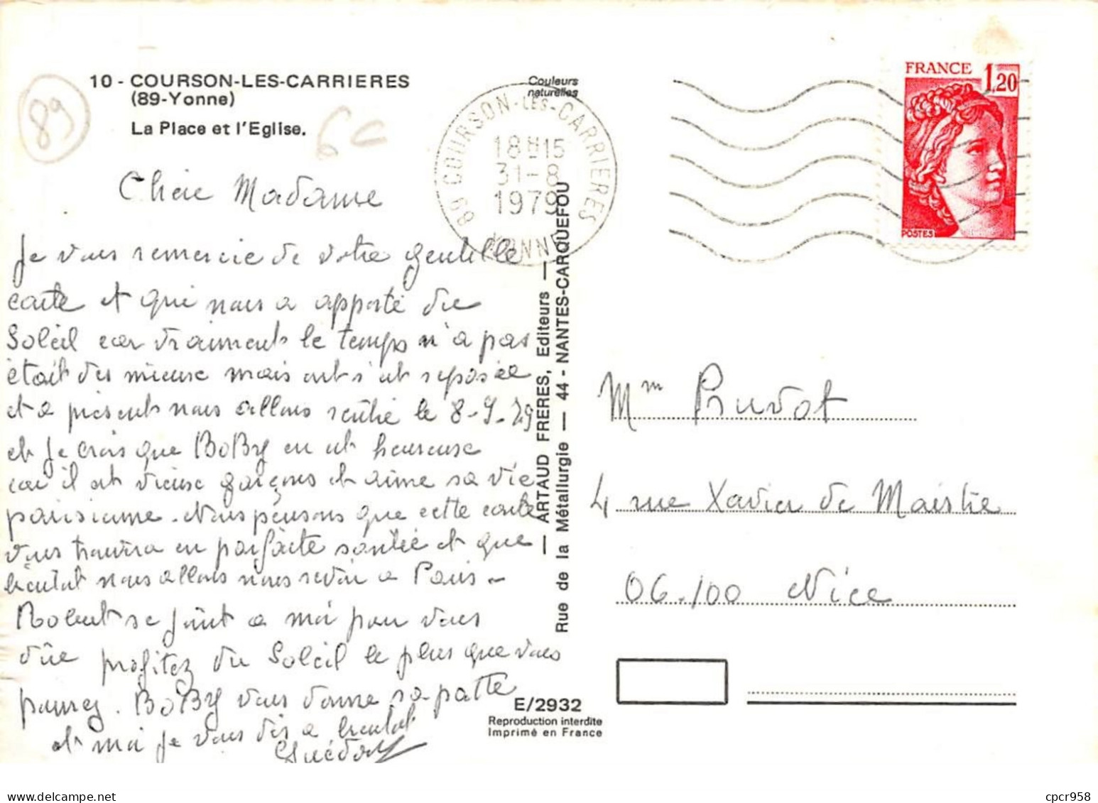 89.AM11075.Courson-les-Carrières.LA Place Et L'Eglise.Edit Artaud.E/2932 10.CPSM 15x10 Cm - Courson-les-Carrières