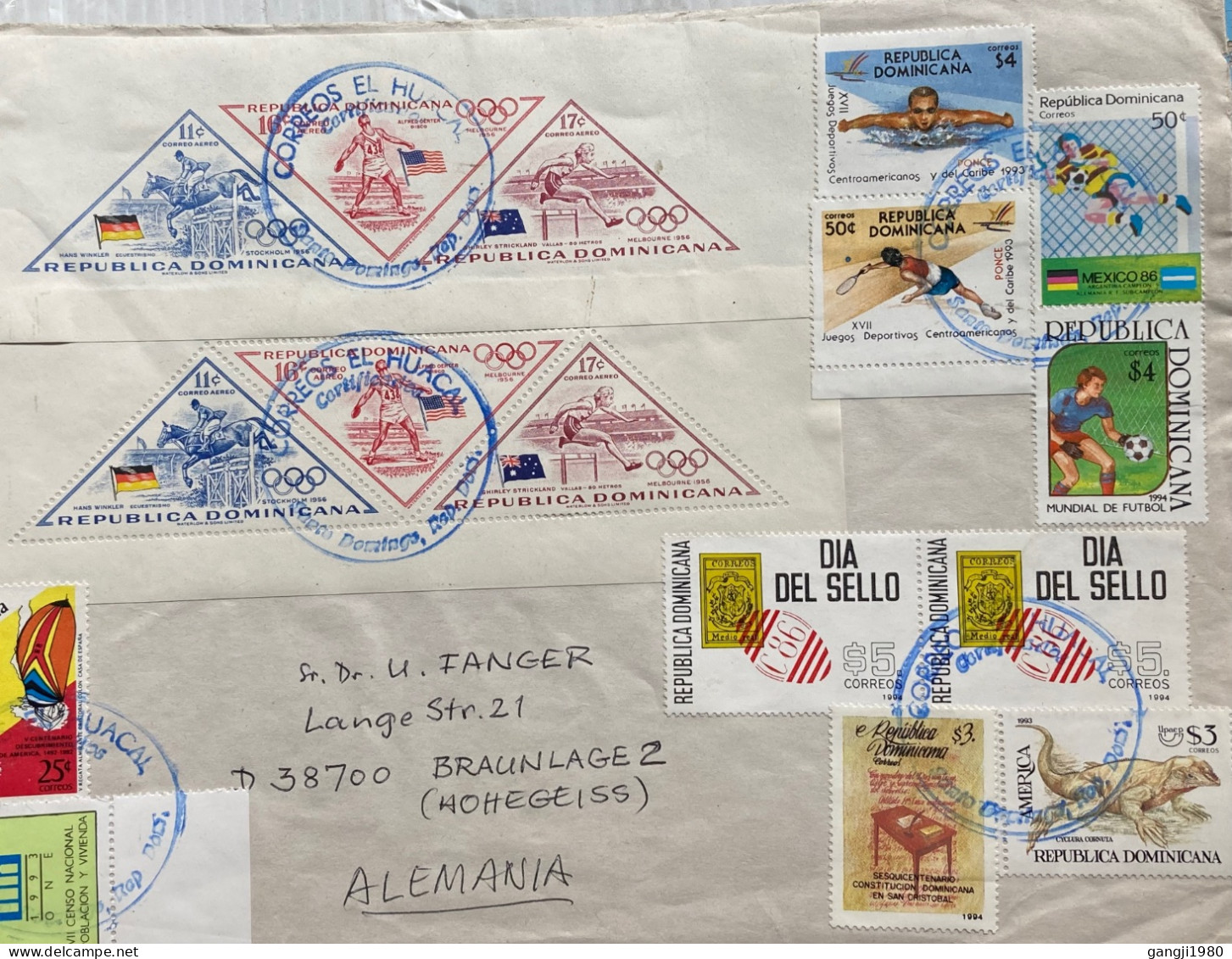 DOMINICAN 1994, COVER USED TO GERMANY,  OLYMPIC 1956 EQUESTRIAN, JUMP, SPORT, SWIMMING, TENNIS, FOOTBALL, STAMP ON STAMP - Dominique (1978-...)