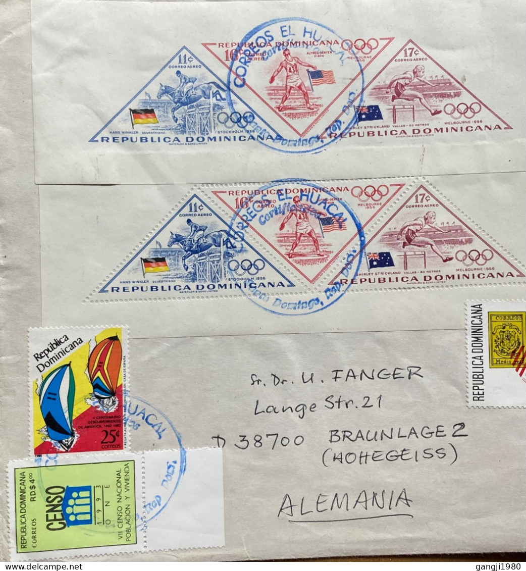 DOMINICAN 1994, COVER USED TO GERMANY,  OLYMPIC 1956 EQUESTRIAN, JUMP, SPORT, SWIMMING, TENNIS, FOOTBALL, STAMP ON STAMP - Dominique (1978-...)