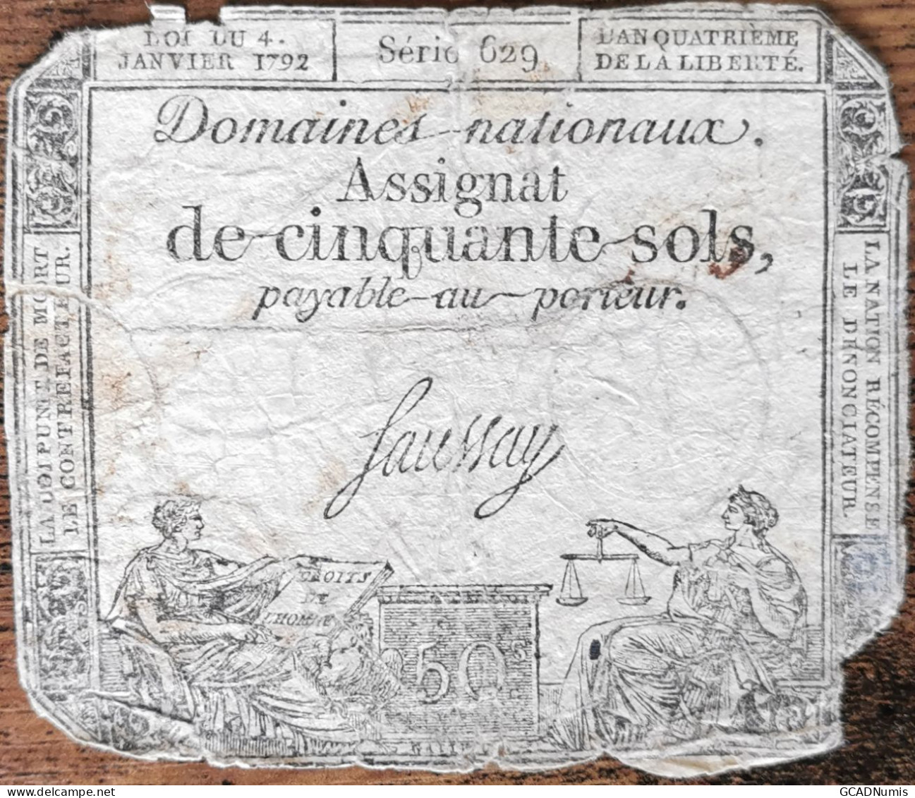 Assignat 50 Sols - 4 Janvier 1792 - Série 629 - Domaine Nationaux - Assignate