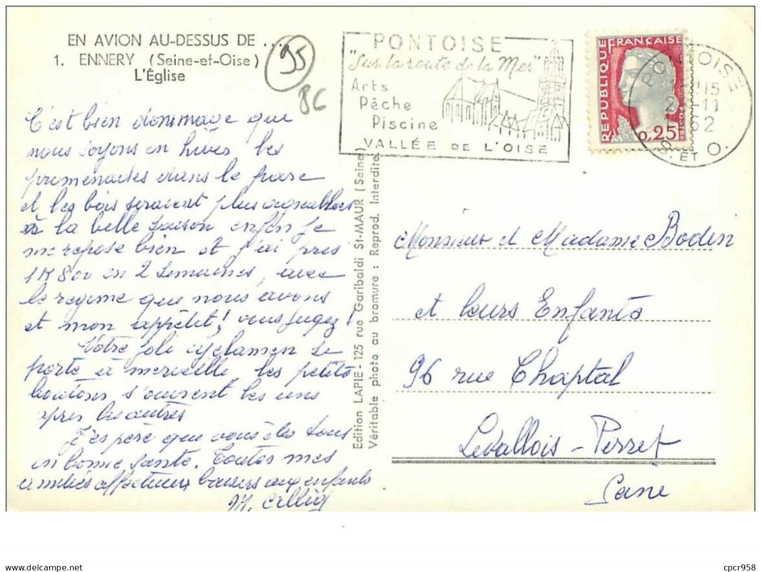 95.ENNERY.n°24678.L'EGLISE.EN AVION AU DESSUS DE....CPSM. - Ennery