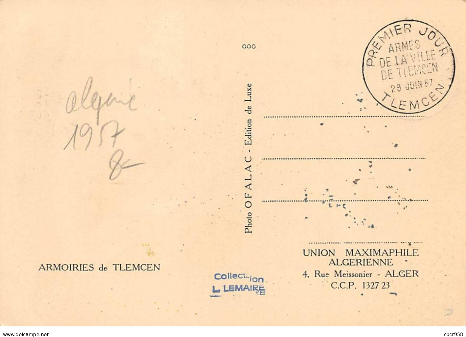 ALGERIE.Carte Maximum.AM14004.29/06/1957.Cachet Tlemcen.Armoiries - Algeria (1962-...)