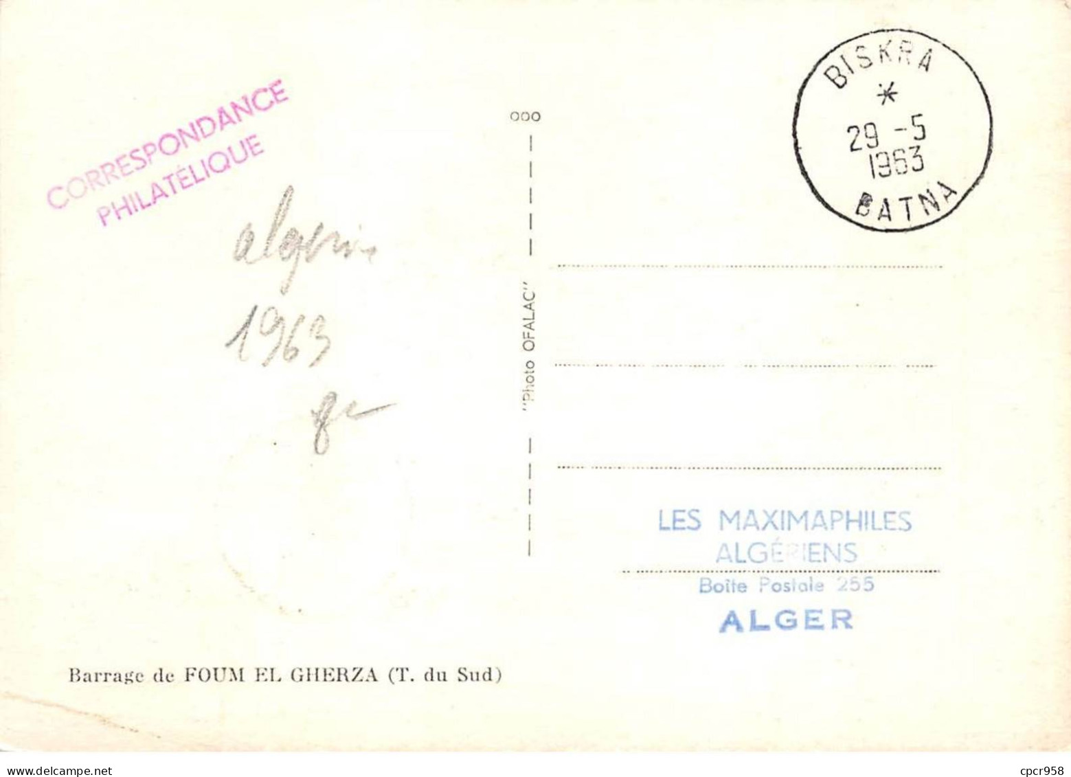 ALGERIE.Carte Maximum.AM14008.1962.Cachet Batna.Barrage De Foum El Gherza - Algeria (1962-...)