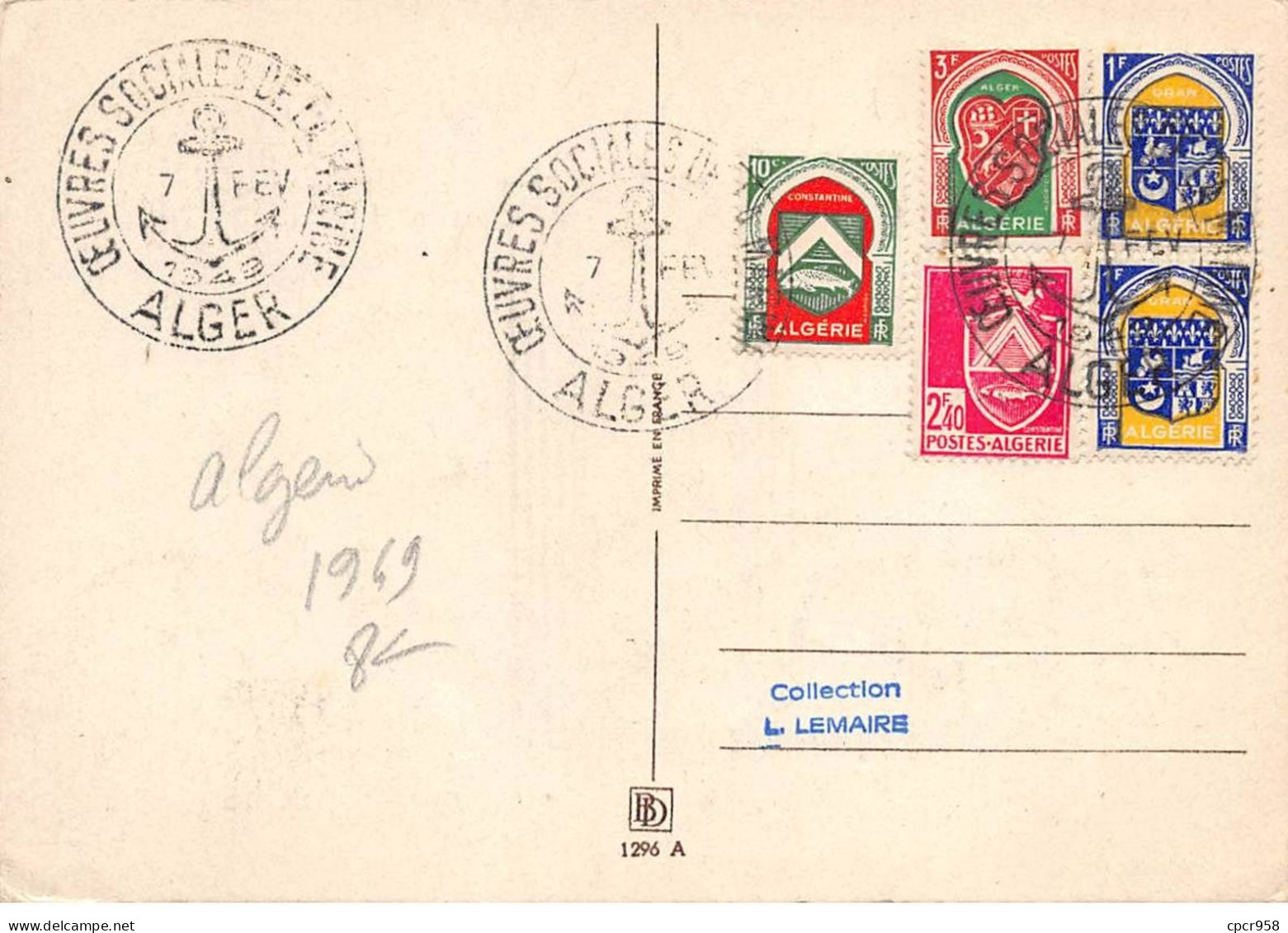 ALGERIE.Carte Maximum.AM13983.1949.Cachet Alger.Armoiries - Algeria (1962-...)