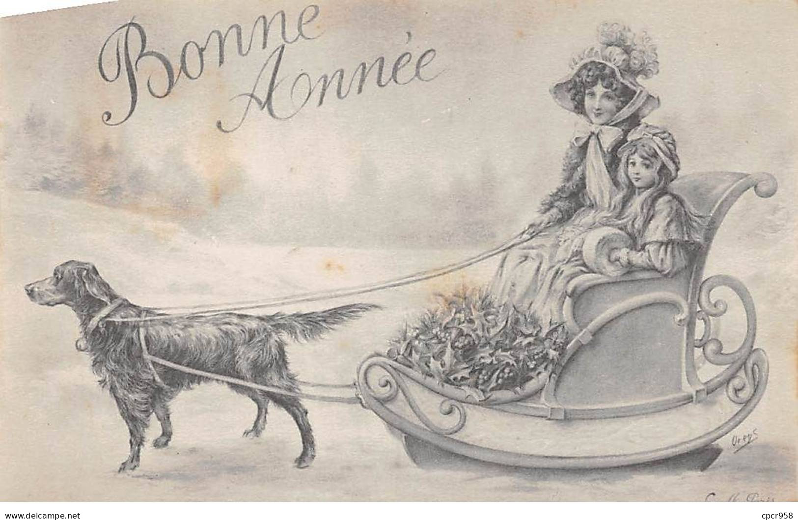 Illustrateur - N°92042 - Orens - Bonne Année - Jeune Femme Et Fillette Dans Une Voiture à Chien - Orens