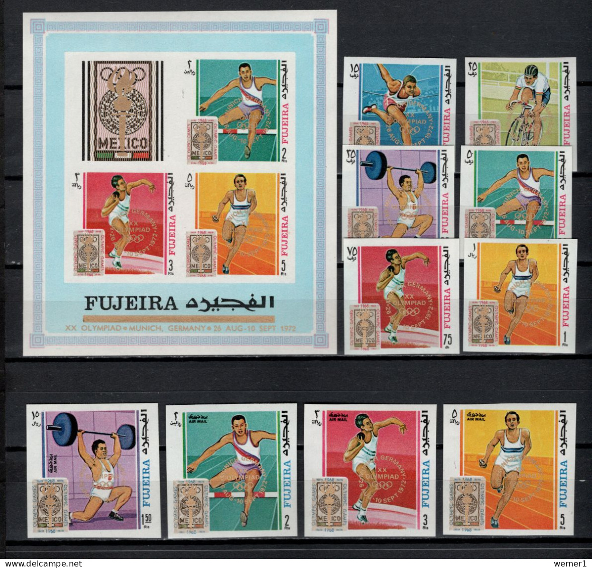 Fujeira 1969 Olympic Games Munich, Set Of 10 + S/s With Golden Overprint Imperf. MNH - Summer 1972: Munich