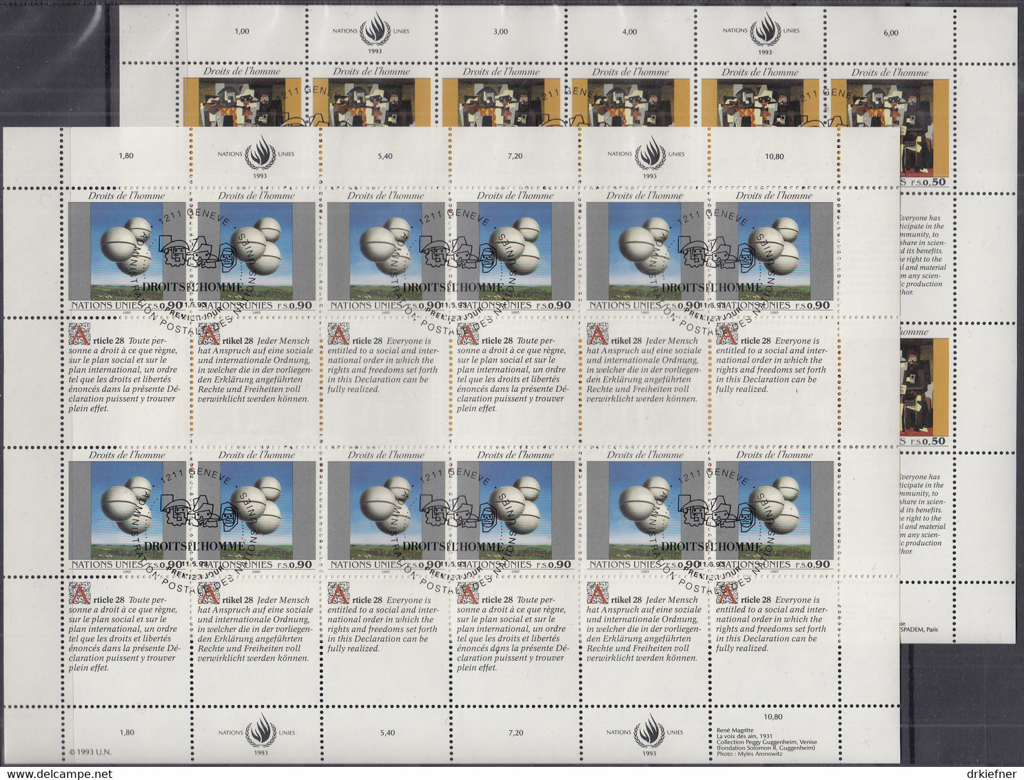 UNO GENF  233-234, 2 Zusammendruckbogen, Gestempelt, Menschenrechte, 1993 - Blocs-feuillets