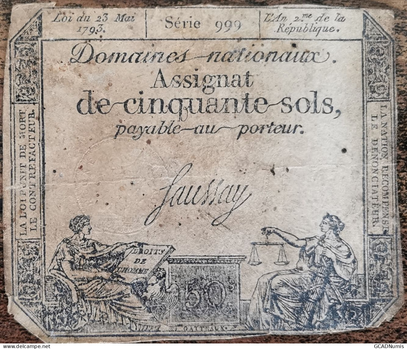 Assignat 50 Sols - 23 Mai 1793 - Série 999 - Domaine Nationaux - Assignate