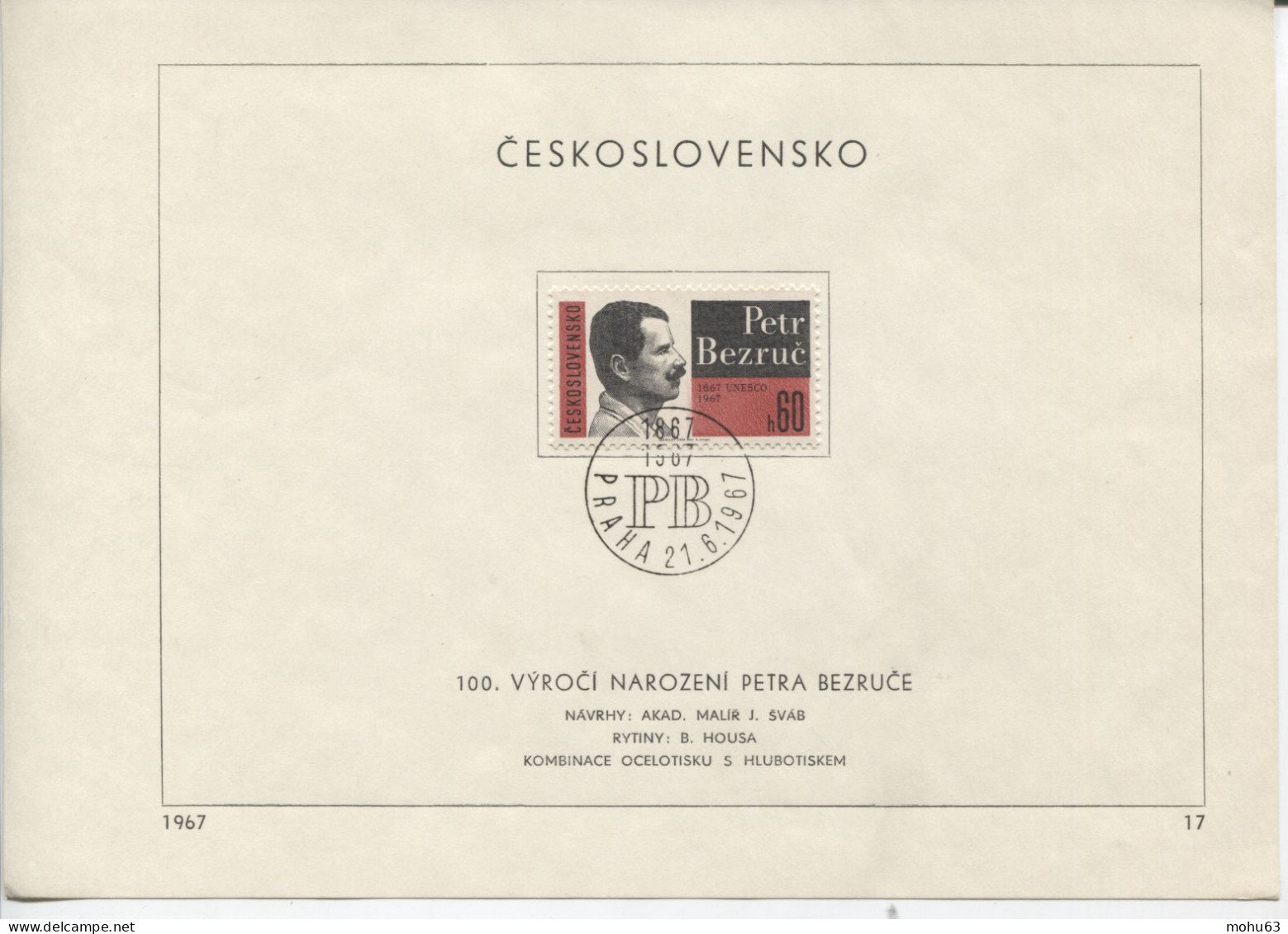 Tschechoslowakei # 1717 Ersttagsblatt Petr Bezruc Dichter Schriftsteller - Cartas & Documentos