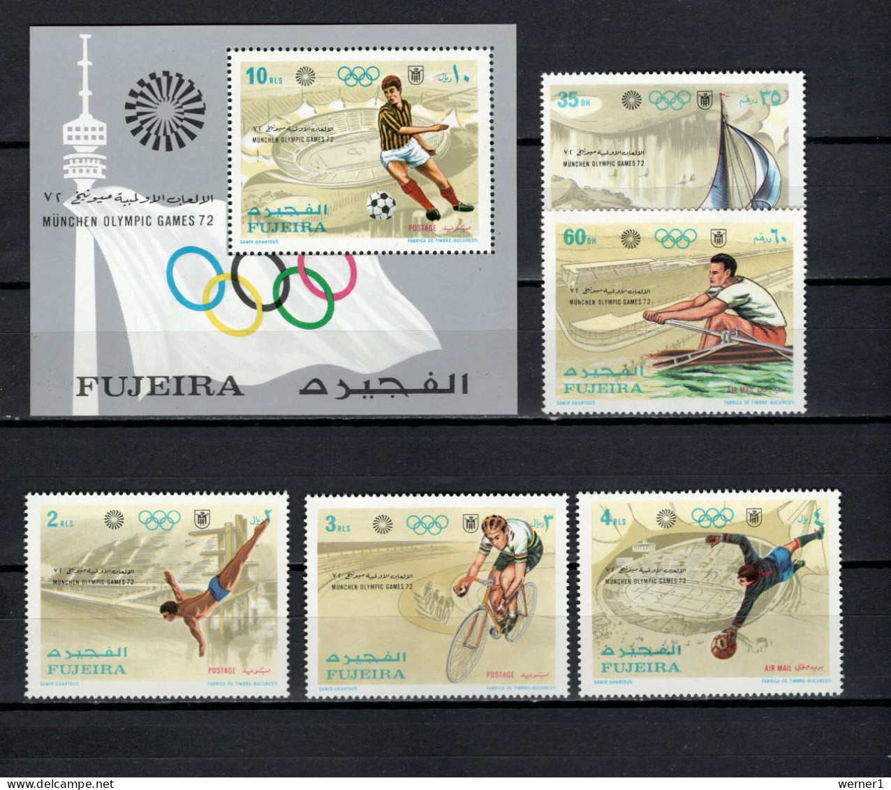 Fujeira 1971 Olympic Games Munich, Football Soccer, Cycling, Rowing Etc. Set Of 5 + S/s MNH - Summer 1972: Munich