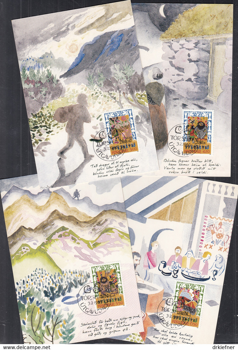 FÄRÖER  130-133, 4 Maximumkarten, Mittelalterliche Tanzlieder, 1986 - Isole Faroer