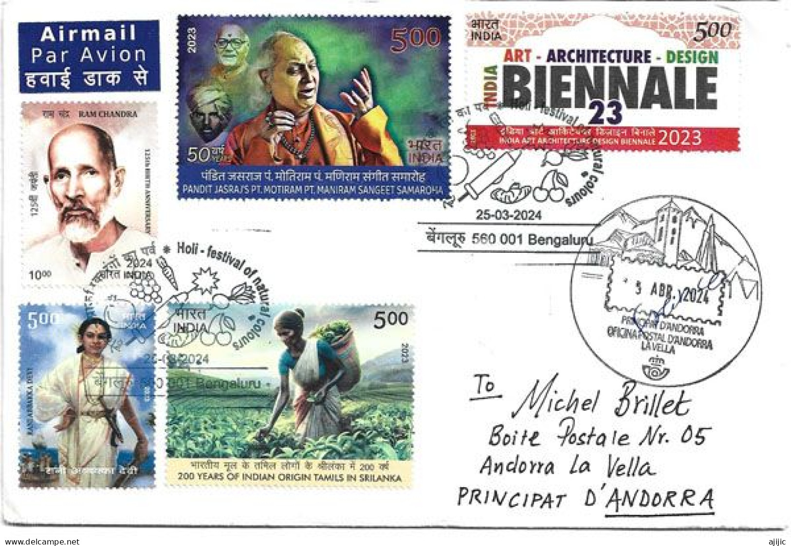 Holi-Festival Of Natural Colours 2024, Belle Lettre D'Inde Adressée En Andorre, Avec Timbre à Date Arrivée - Storia Postale