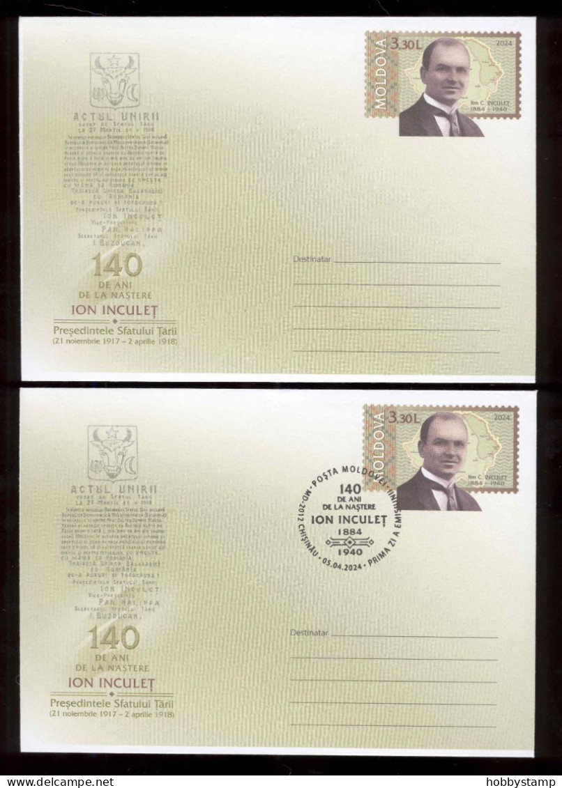 Moldova 2024 Ion Inculeţ  President Of Sfatul Tarii (Council Of State Of Basarabia) Pre-paid Envelope + FDC - Moldova