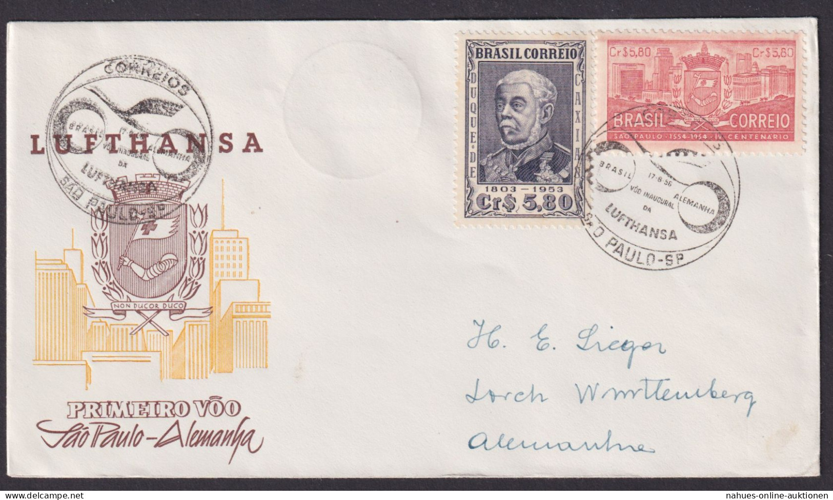 Flugpost Brief Air Mail Luftahnsa Sao Paulo Brasilein Nach Lorch Württemberg - Storia Postale