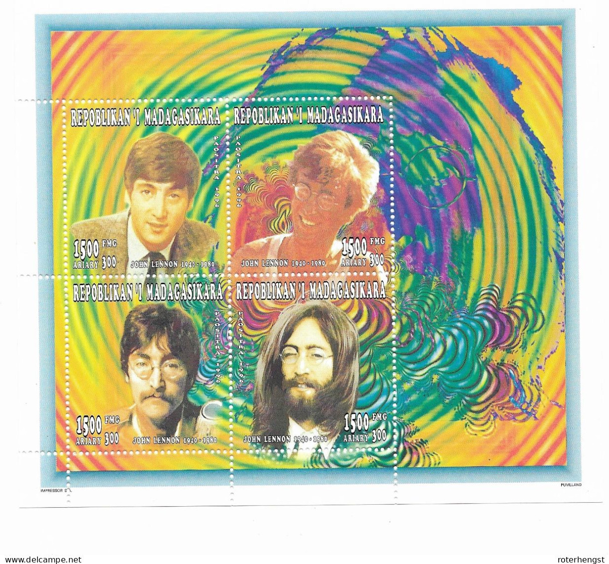 Madagascar Mnh ** John Lennon Sheet 1996 4 Euros - Madagascar (1960-...)