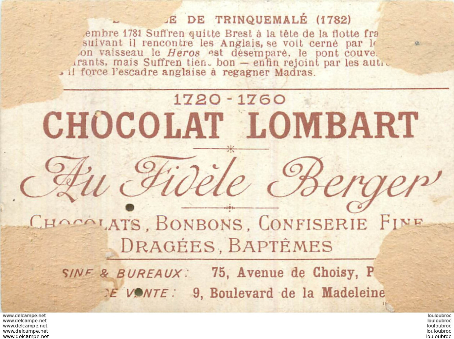 CHROMO CHOCOLAT LOMBART  AU FIDELE BERGER  BATAILLE DE TRINQUEMALE 1782 - Lombart