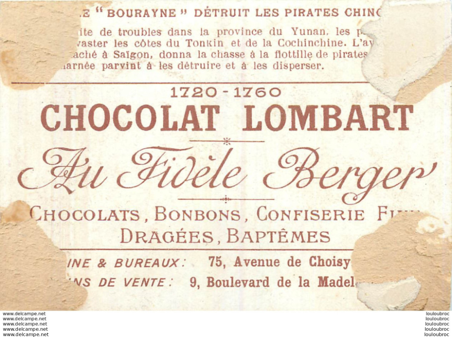 CHROMO CHOCOLAT LOMBART  AU FIDELE BERGER L'AVISO LE  BOURAYNE DETRUIT LES PIRATES CHINOIS 1872 - Lombart