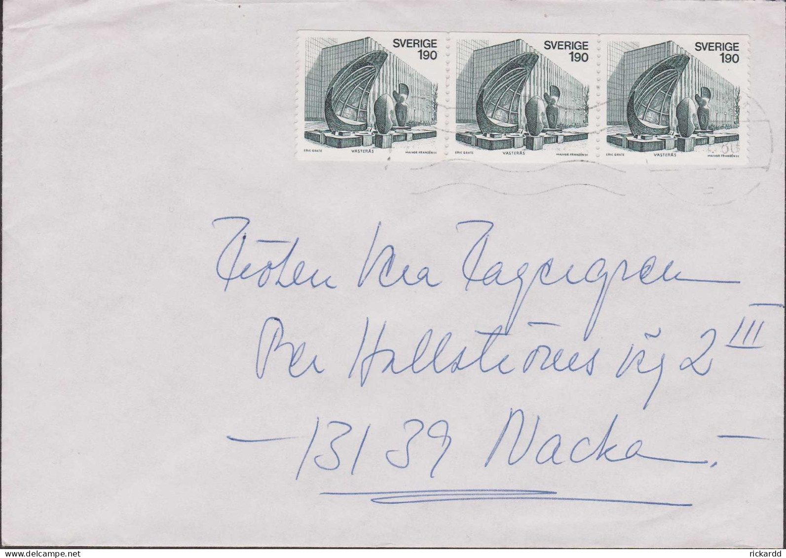 Sweden - Envelope With Facit #953v2 Vindarnas Grotta, 1.90kr In 3strip - Covers & Documents
