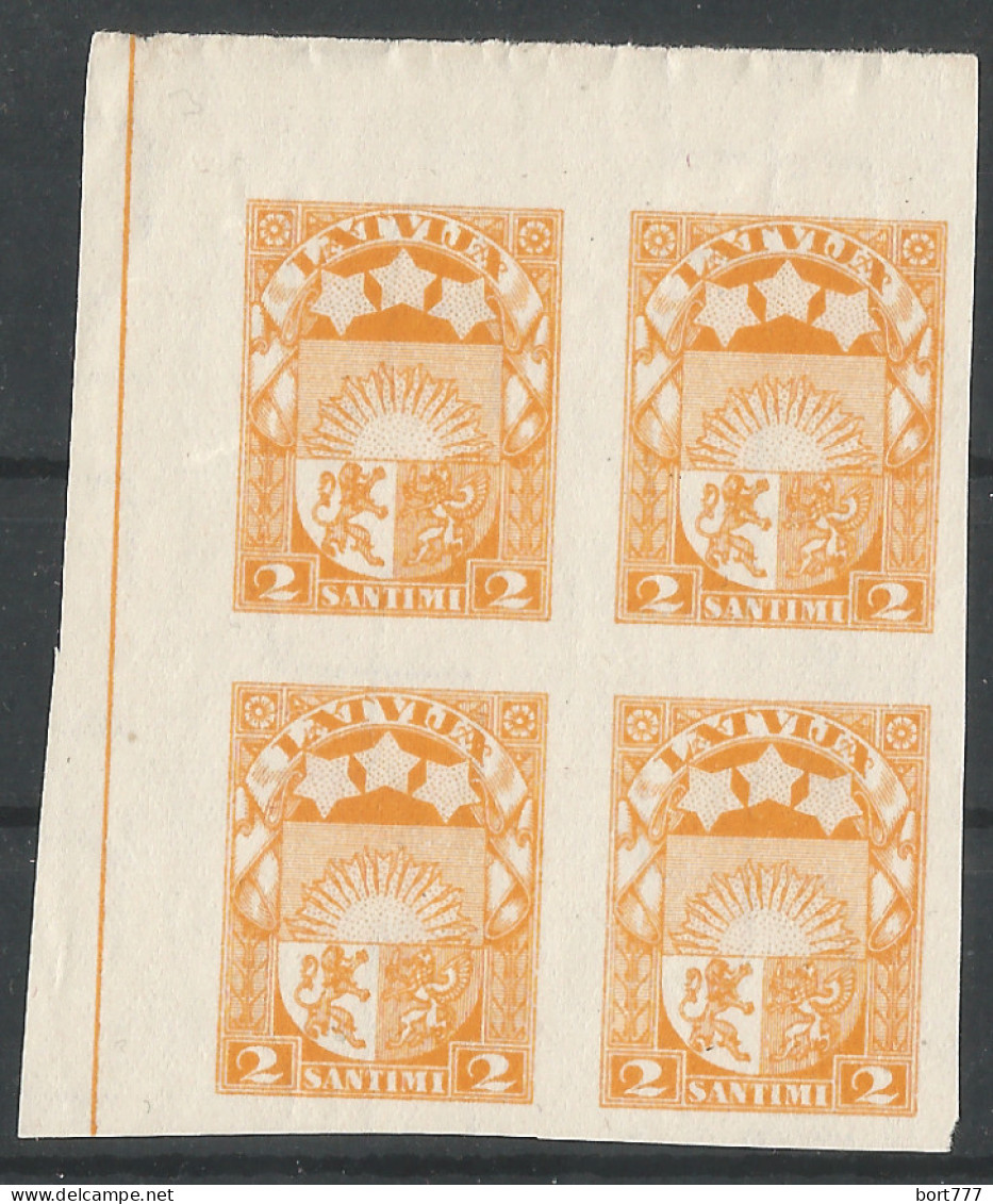 Latvia 1923 2 Sant. Block Of 4 Mint Stamps No Gum Imperf. - Lettonie