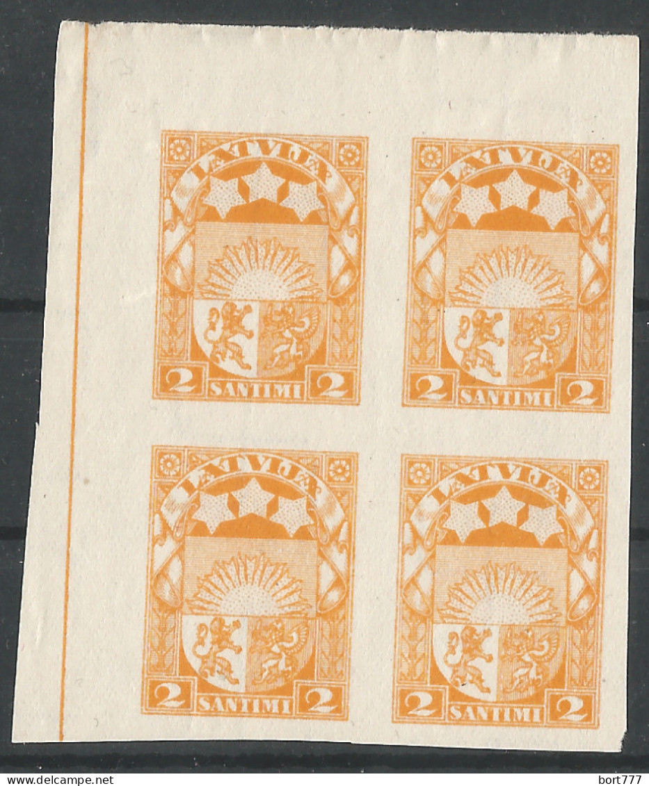 Latvia 1923 2 Sant. Block Of 4 Mint Stamps No Gum Imperf. - Lettonia