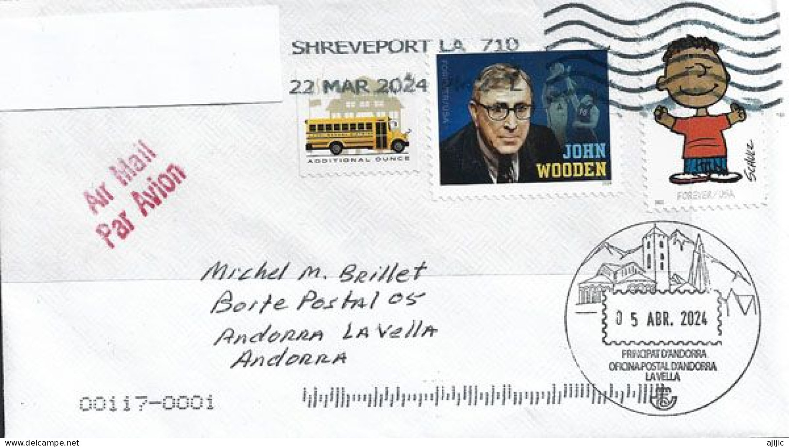 John Wooden, American Basketball Coach &  Player, Letter 2024 USA To Andorra (Principality)with Arrival Postmark Andorra - Storia Postale