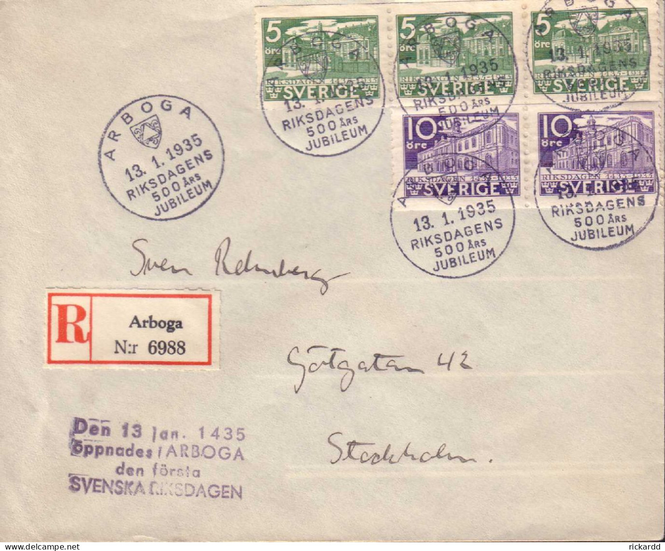 Sweden - Envelope 5 And 10 öre Riksdagen, Special Cancellation 13.1.35 - 1920-1936 Rouleaux I