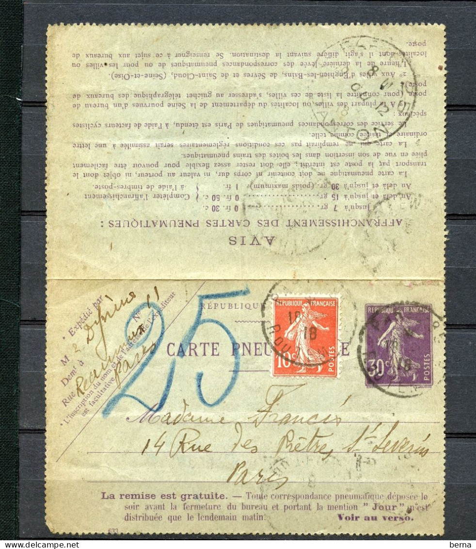 CARTE LETTRE PNEUMATIQUE 30CM SEMEUSE VIOLET AVEC COMPLEMENT AFFRANCHISSEMENT 10CM SEMEUSE - Cartoline-lettere