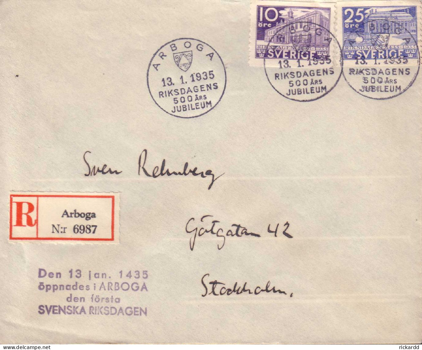 Sweden - Envelope 10 & 25 öre Riksdagen, Special Cancellation 13.1.35 - 1920-1936 Francobolli In Bobina I