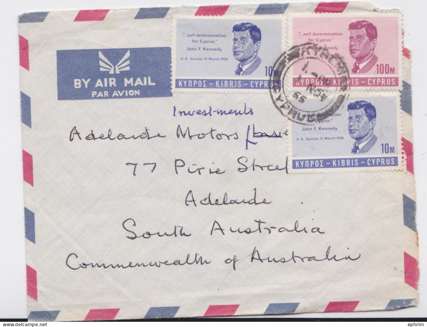 Chypre Cyprus Lettre Timbre JFK Kennedy Stamp X3 Air Mail Cover To Adelaide Australia 1965 - Kennedy (John F.)