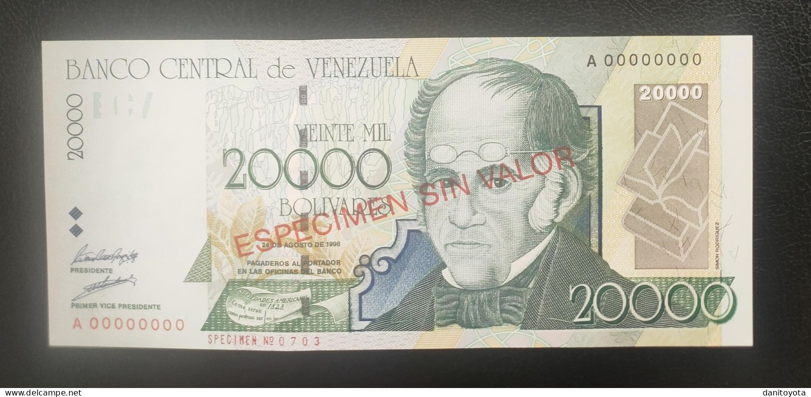 VENEZUELA. 20.000 BOLIVARES 24 DE AGOSTO DE 1998 SOBRECARGA ESPECIMEN SIN VALOR SIN CIRCULAR. - Venezuela