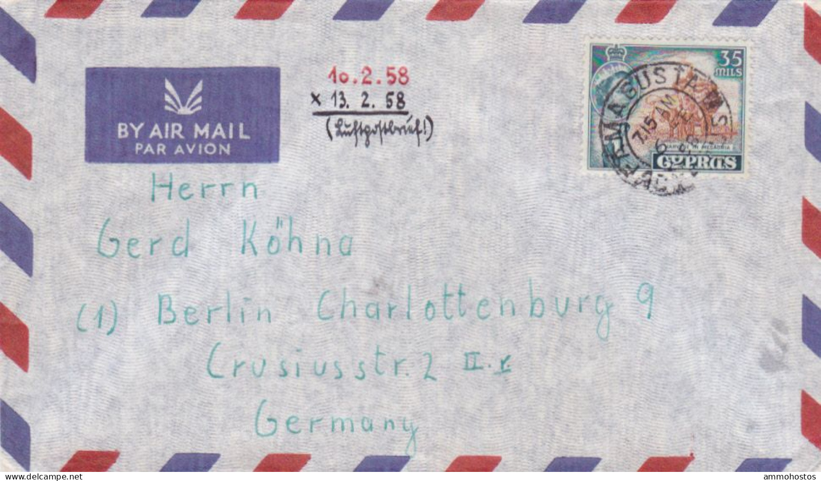 CYPRUS 1958 QEII AIRMAIL COVER FAMAGUSTA TO GERMANY 35 MILS RATE - Zypern (...-1960)