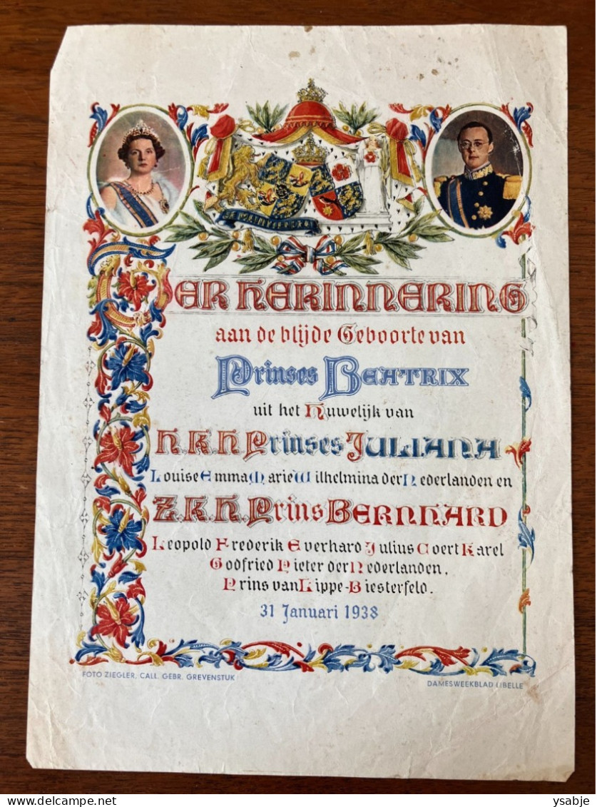 Affiche Ter Herinnering Aan De Blijde Geboorte Van Prinses Beatrix - 1938 - Afiches