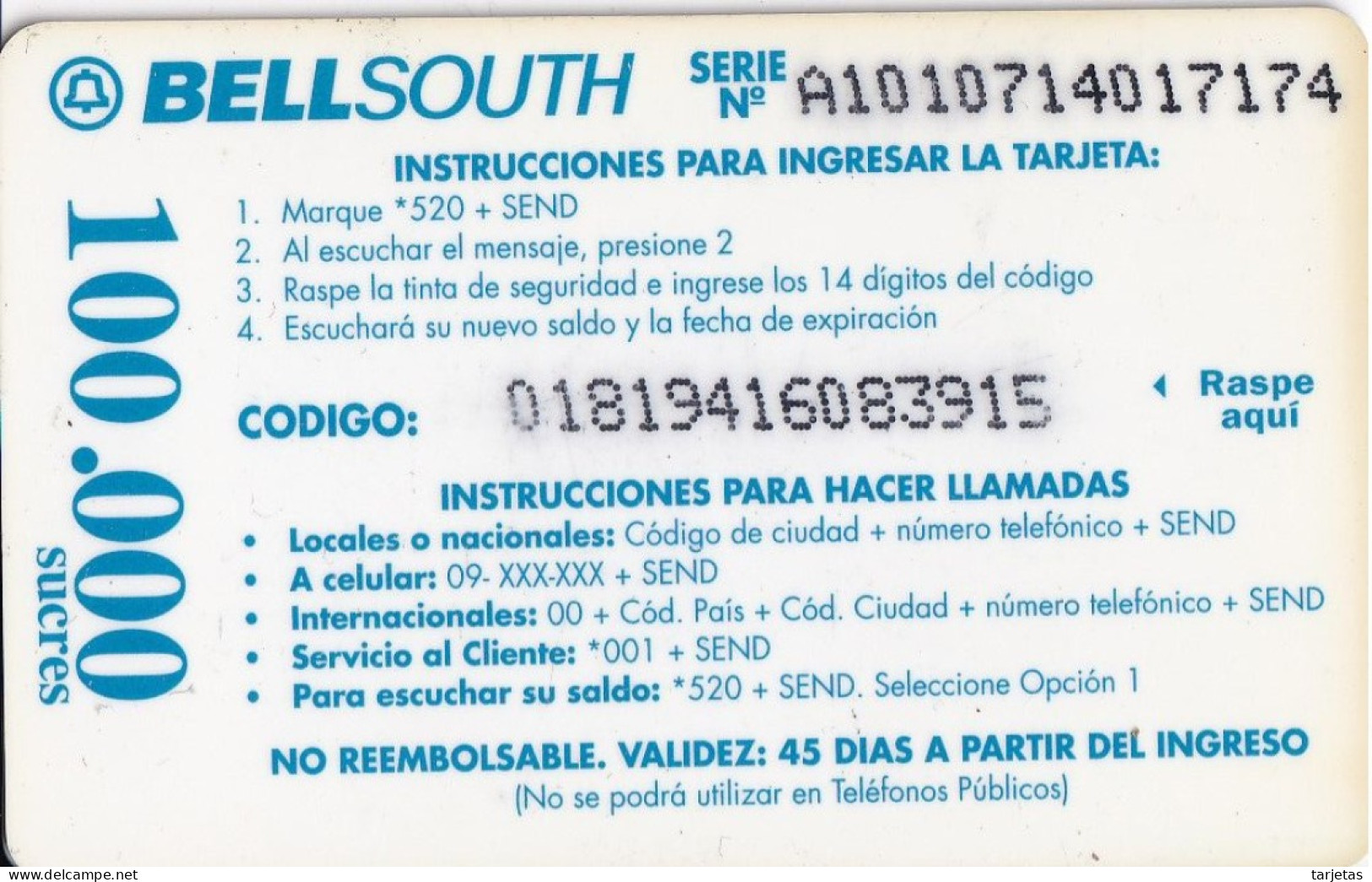 TARJETA DE ECUADOR DE UN MONO ARAÑA (MONKEY) VALIDEZ 45 DIAS - Equateur