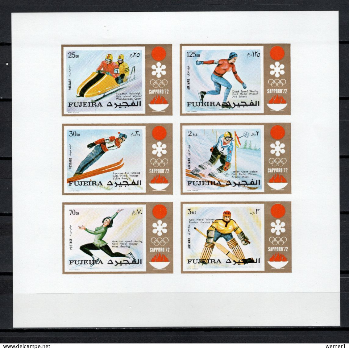 Fujeira 1972 Olympic Games Sapporo Sheetlet With Winners Overprint Imperf. MNH - Hiver 1972: Sapporo