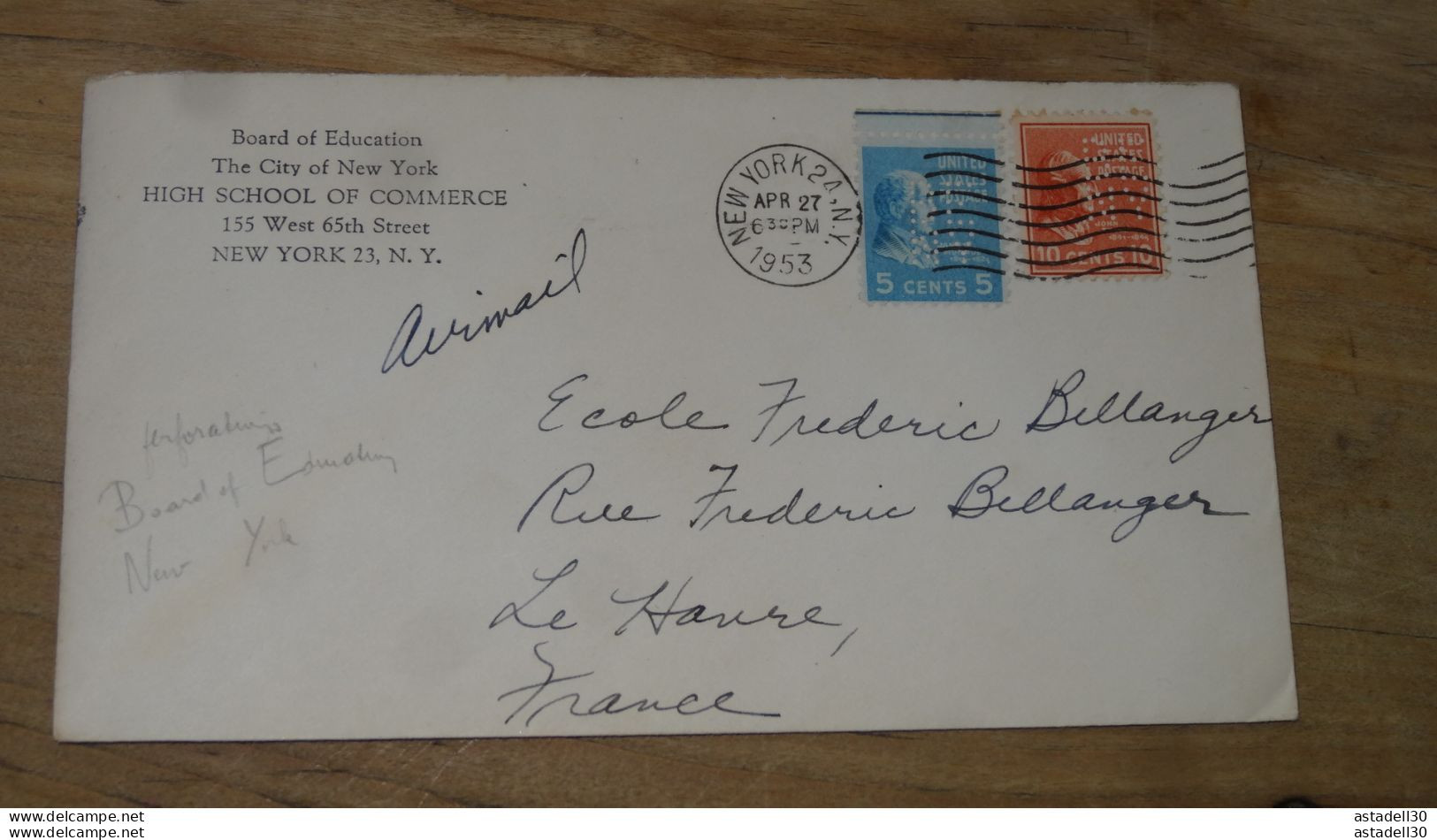 Enveloppe USA Pour La France 1953, Perfin Stamps  ............PHI......... ENV-ET42 - Covers & Documents