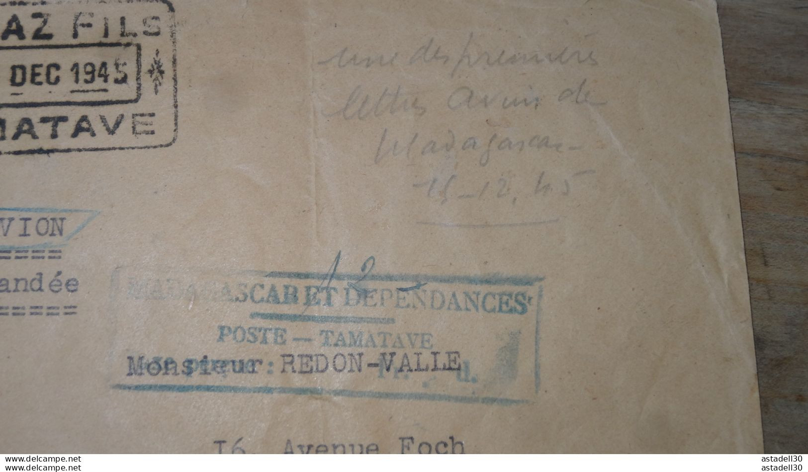 Enveloppe MADAGASCAR , Tamatave Pour La France, Recommandé 1945  ............PHI......... ENV-ET19 - Lettres & Documents