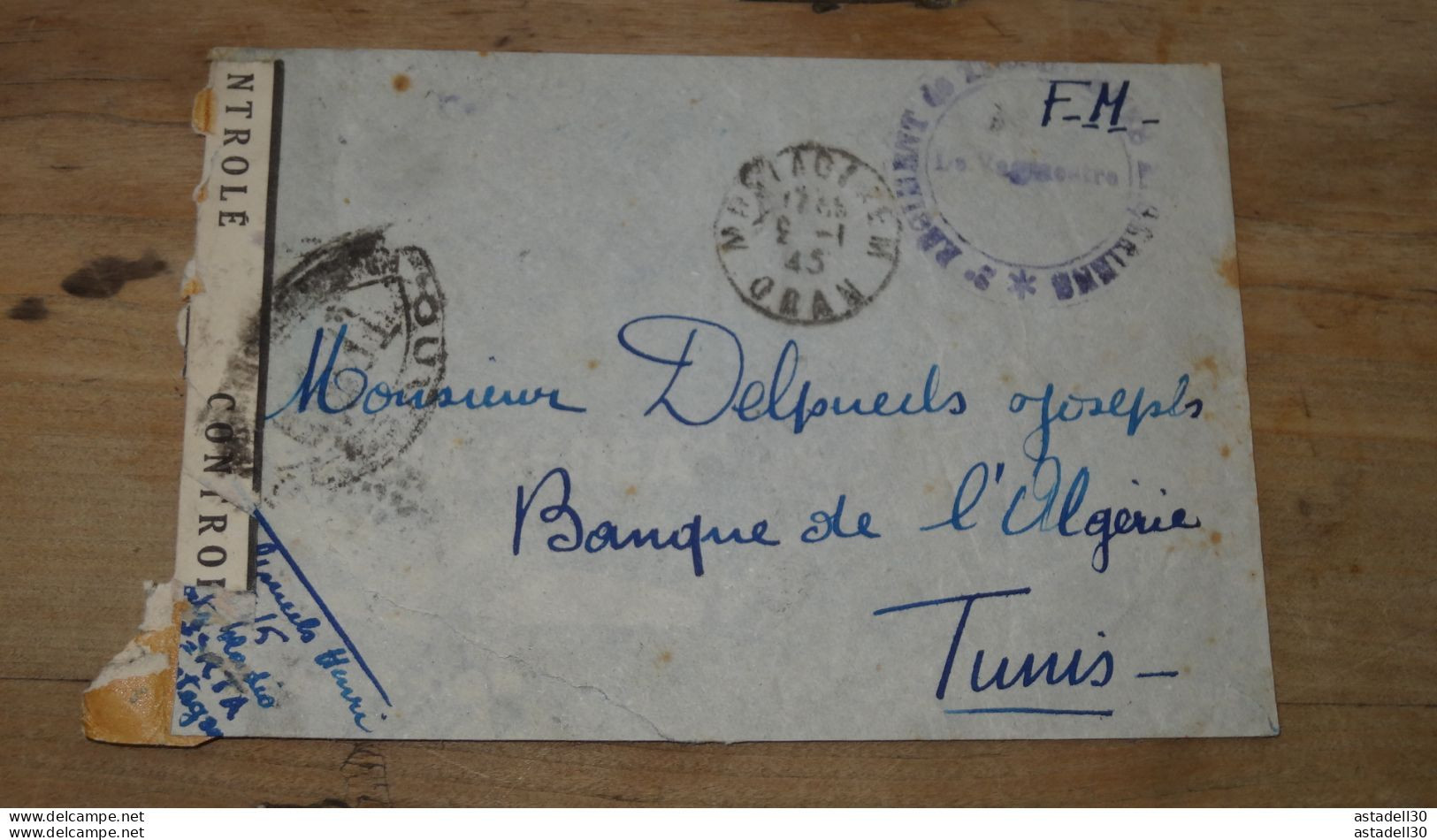 Enveloppe ALGERIE MOSTAGANEM Censure 1945 Pour Tunis  .......Boite-2........ 6 - Lettres & Documents