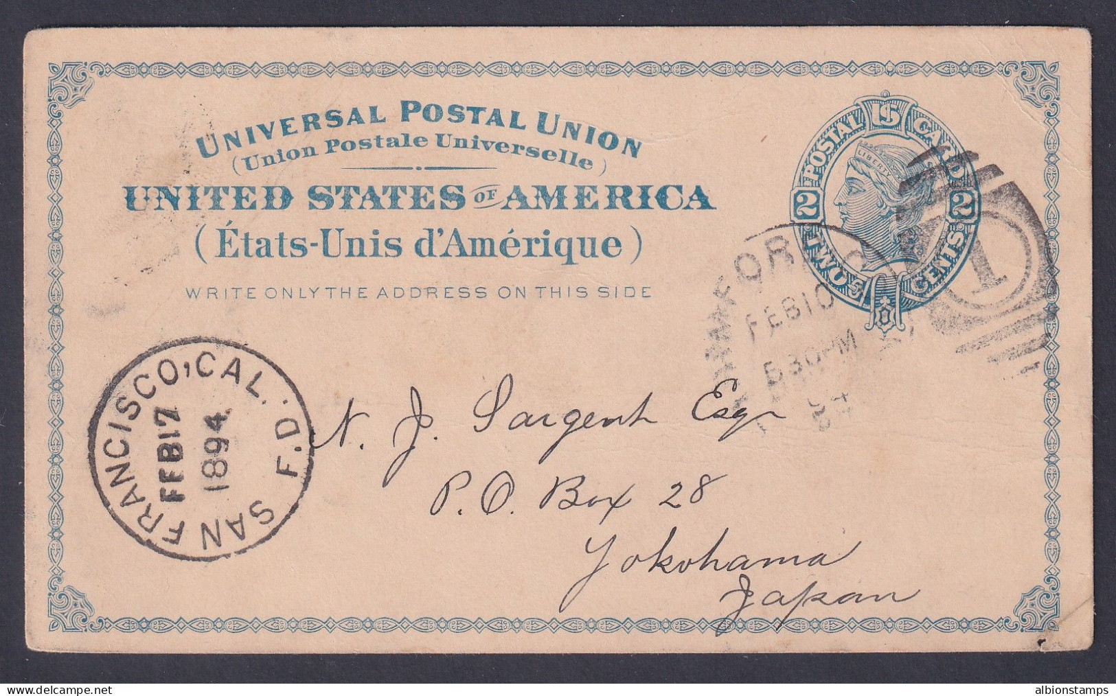 US Postal Card UX6 From Stamford CT 1894 To YOKOHAMA, JAPAN - Storia Postale