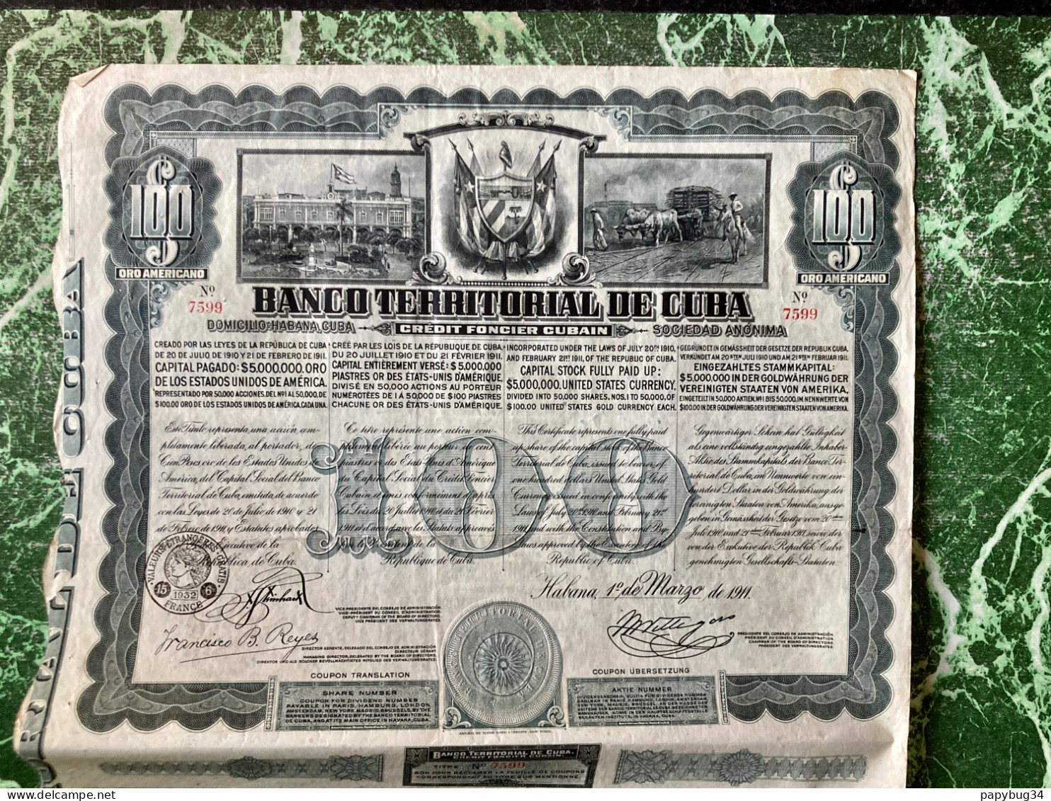 BANCO  TERRITORIAL  De  CUBA  ----------     Action  De  100$ - Bank & Versicherung