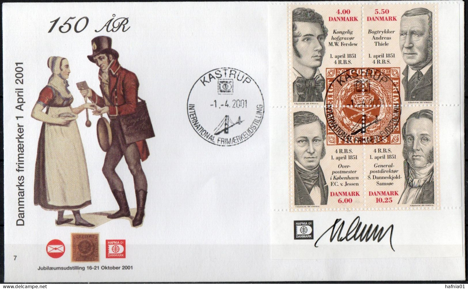 Martin Mörck. Denmark 2001. 150th Anniv Danish Stamps. Michel 1273-76, 4-block. Cover With Special Cancel.  Signed. - Covers & Documents