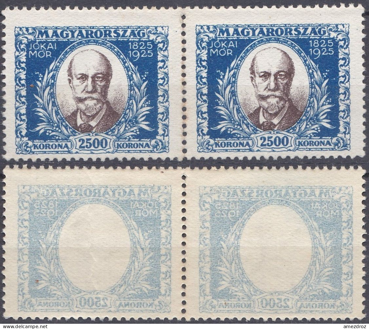 Hongrie 1925 Mi 400 ** Mor Jokai  Impression Recto-verso Du Contours Bleue (A16) - Variedades Y Curiosidades