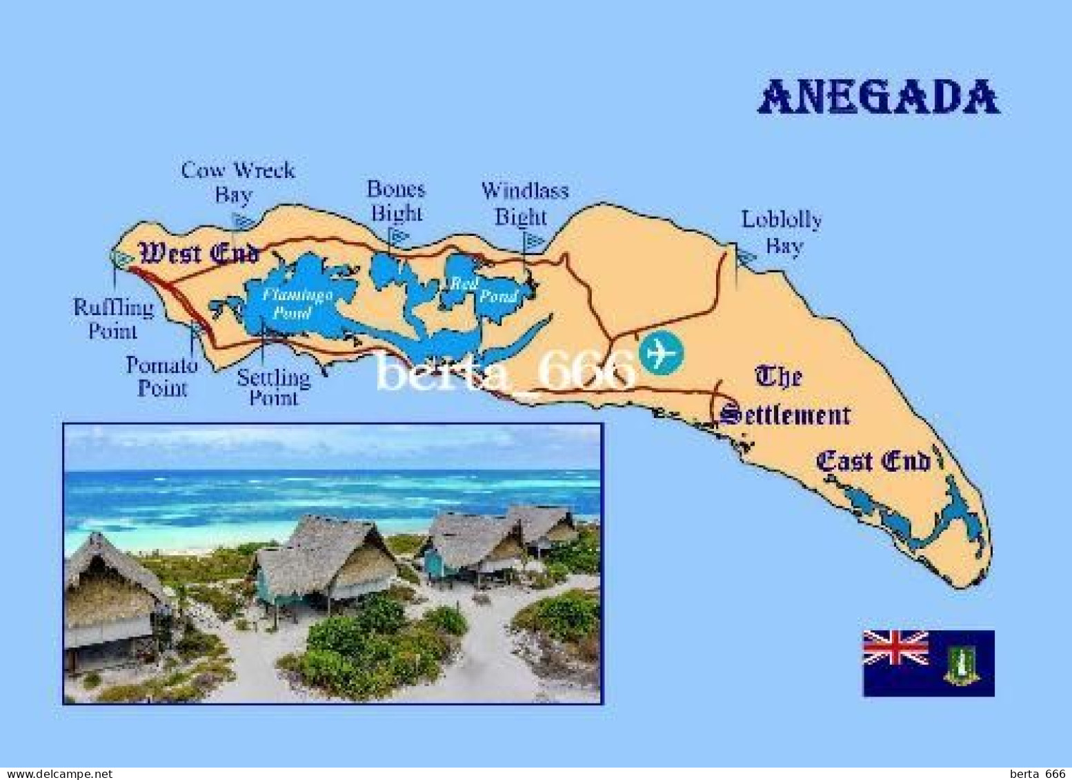 British Virgin Islands Anegada Island Map New Postcard * Carte Geographique * Landkarte - Isole Vergine Britanniche