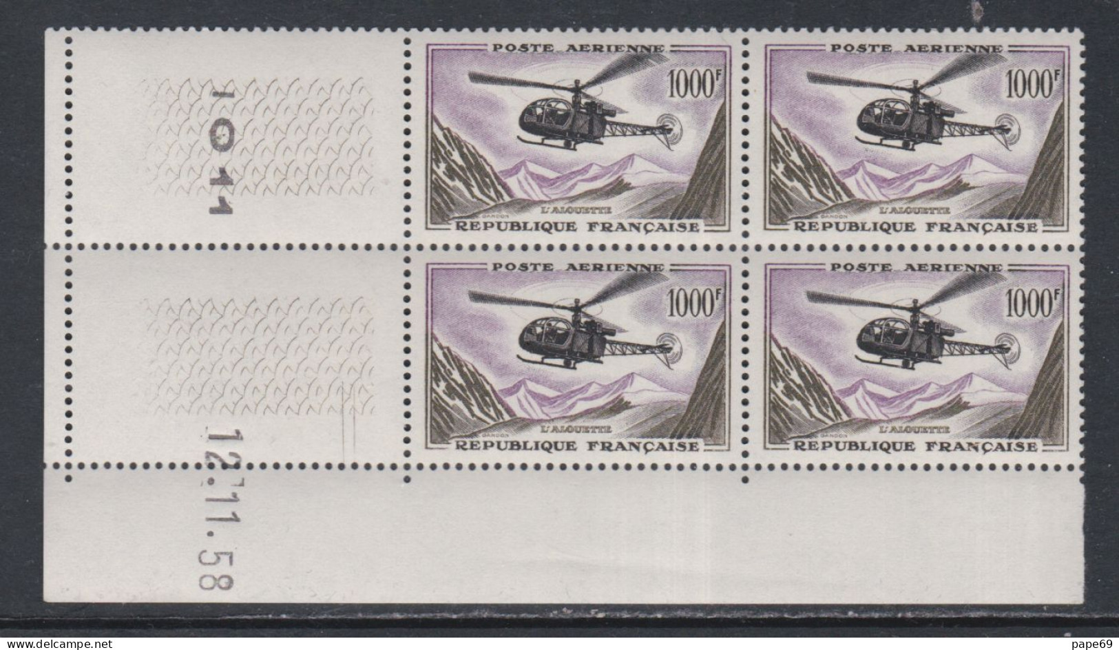 France P.A. N° 37 XX Prototypes :"Alouette" En Bloc De 4 Coin Daté Du 12 . 11 . 58,  2  Traits, Sans Charnière, TB - Posta Aerea