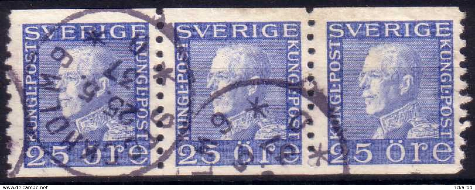 Sweden - Facit #183 Gustav V Profil Vänster, 25 öre Blue *3-strip* - Usados