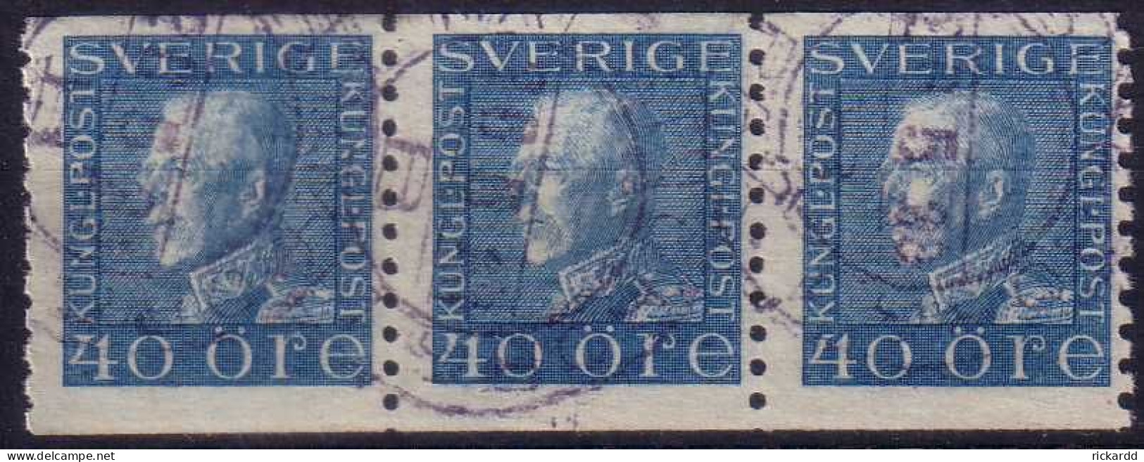 Sweden - Facit #188 Gustav V Profil Vänster, 40 öre Blue *3-strip* - Usados