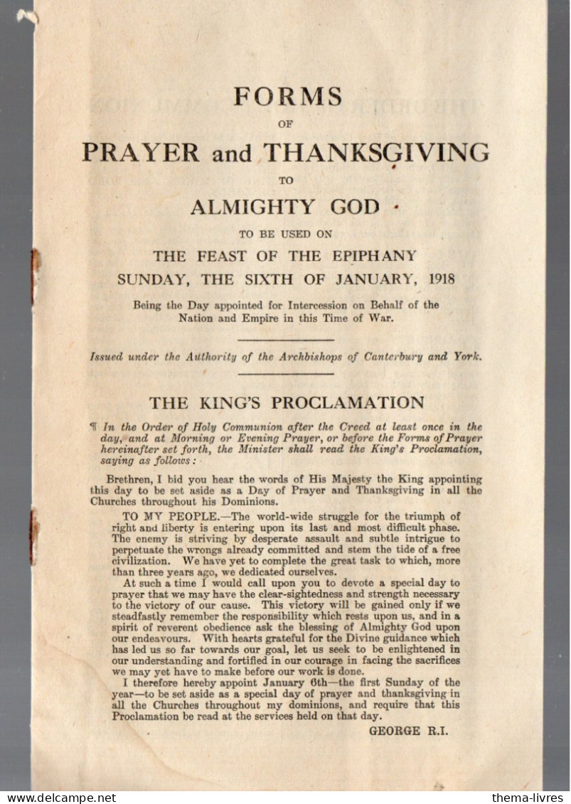 (guerre 14-18)  Forms Of Prayers And Thanksgiving To Almighty God   1918 (PPP46991 - Culture